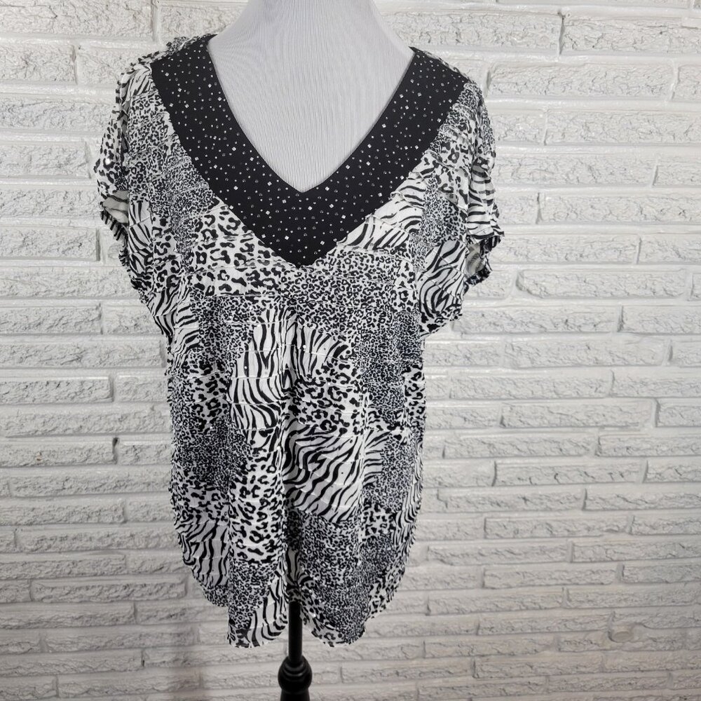 Notations Womens Top XL Sleeveless Black Animal Print Studded Tiered ANI16E
